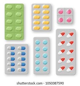 Set of realistic pills blisters with tablets and capsules. Plastic package with medical drugs. Vector mockups isolated on white background. 