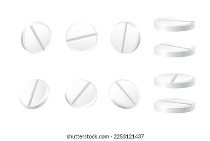 Set von realistischen Pillen. Brauslösliche Arzneimittel. Aspirin, Paracetamol-Schmerztabletten. Sammlung von Vitamin-Komplex, Heilmittel, Medizin und Gesundheitswesen. runde weiße Tabletten für die Apotheke.