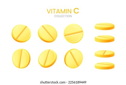 Set of realistic pills. Effervescent soluble drugs. Vitamin C soluble tablets with lemon flavor. Collection of vitamin complex, medical and healthcare concept. Round yellow pills with fruit flavor.