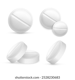 Conjunto de pílulas realistas isoladas no fundo branco. Remédios e drogas. Ilustração vetorial EPS 10