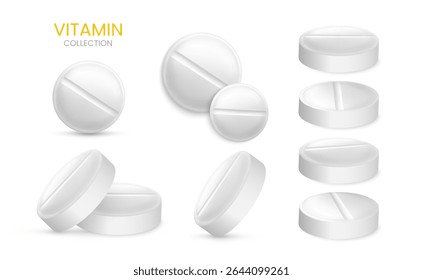 Set of realistic pills isolated on white background. Medical Pill, Capsule, Tablet, medicine drug Collection. 3D vector illustration