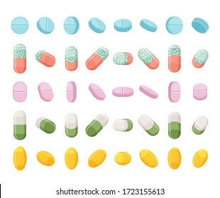 Set von realistischen Tabletten, Tabletten und Kapseln. 3D isometrische Flachmedikamente. Vektorgrafiken einzeln auf weißem Hintergrund.