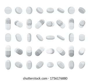Conjunto de píldoras, comprimidos y cápsulas realistas. Medicamentos planos isométricos 3D. La mofa vectorial aislada sobre fondo blanco.