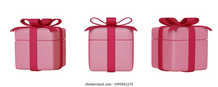 Set of realistic pink 3d gifts box with bows and ribbons, isolated on white background. Vector illustration.