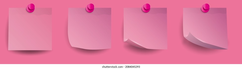 Set of realistic pink 3D paper stickers with curled corners and shadows. For the design of postcards, posters, banners, websites, etc. Vector 