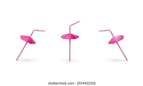 Set of realistic pink Drinking Straws with cocktail umbrella isolated on white background