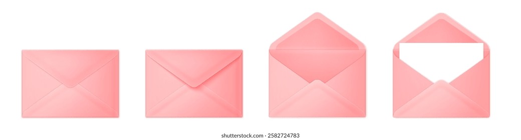 Set of realistic pink envelopes arranged in various positions on a white background