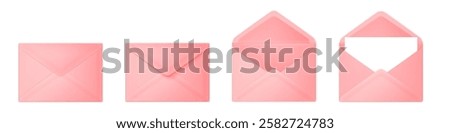 Set of realistic pink envelopes arranged in various positions on a white background