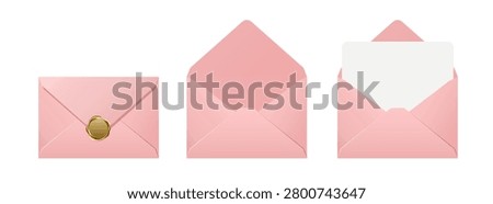 Set of Realistic Pink Envelopes with Gold Wax Seal and Card Mockup