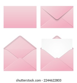 Set of realistic pink envelopes mockup. Realistic pink envelopes in different positions. Folded and unfolded envelope mockup. Vector illustration