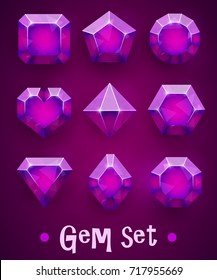 Set of realistic pink gems of various shapes. Ruby collection. Elements for mobile games or decoration. Vector illustration