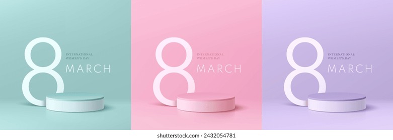 Set of realistic pink, green and purple 3D cylinder pedestal podium set with text 8 march international women day. Platforms mockup product display presentation. Abstract composition in minimal design