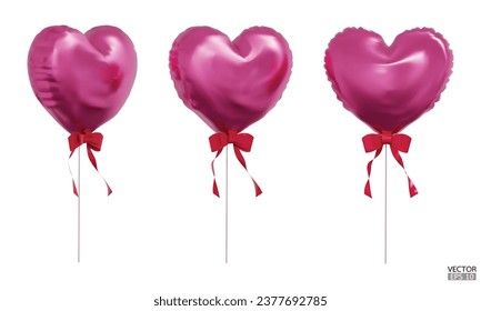 Set of realistic pink heart balloons with red rbbon isolated on background. Helium pink heart balloons clipart for anniversary, birthday, wedding, Christmas, card  party. 3D vector illustration