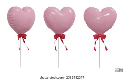 Set of realistic pink heart balloons with red rbbon isolated on background. Helium pink heart balloons clipart for anniversary, birthday, wedding, Christmas, card  party. 3D vector illustration