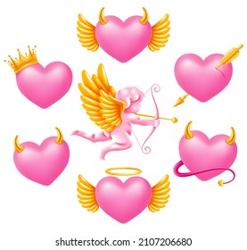 Set of realistic pink hearts with wings, pierced by cupid arrow, decorated by golden crown, horns, tail and halo. And even with flying cupid with bow. Vector illustration EPS10.