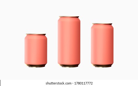 Set of realistic pink iron cans. Mock up for your design. Big and small cans template. Vector illustration