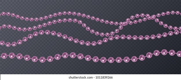 Set of realistic, pink pearl threads on a transparent background, vector illustration