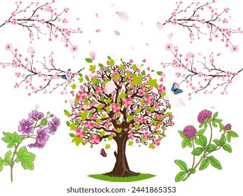 "Set of realistic pink petals, blossoms, branches, and leaves isolated in vector format."