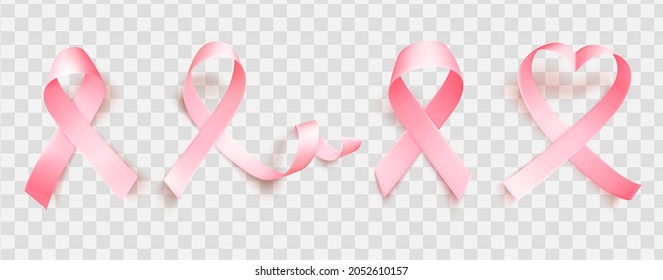 Set of realistic pink ribbon isolated over transparent background. Symbol of breast cancer awareness month in october. Healthcare concept. Vector illustration.