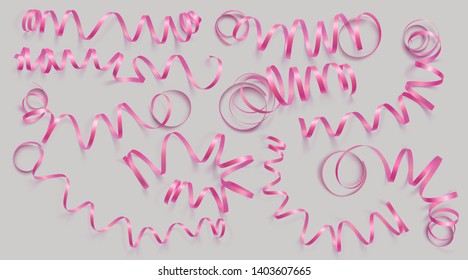 Set of realistic pink ribbons on grey background. Can be used for greeting card, holidays, banners, gifts and etc. Vector illustration.