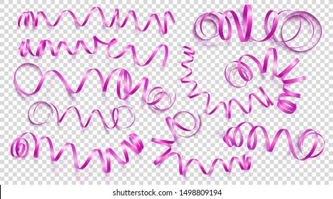 Set of realistic pink ribbons on transparency background. Vector illustration. Can be used for greeting card, holidays, banners, gifts and etc.