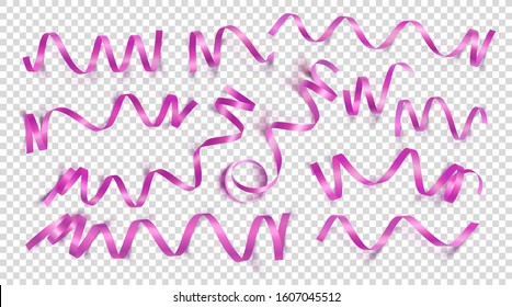 Set of realistic pink ribbons on transparency background. Can be used for greeting card, holidays, banners, gifts and etc. Vector illustration.