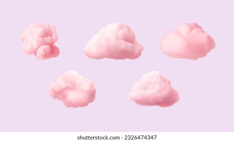 Set of realistic pink soft clouds. Vector illustration. Soft sky background elements isolated on purple backdrop