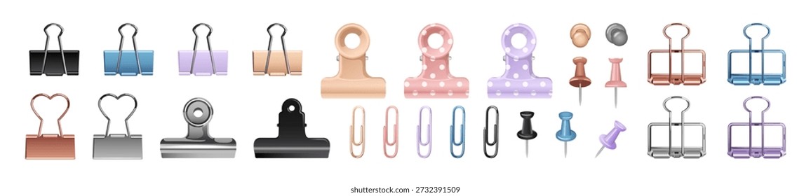 Set of realistic pins, paper clips and clamps. Different binders, thumbtacks, paperclips, pushpins and fasteners. Office stationery. Items for notes. Flat isolated vector illustrations on white