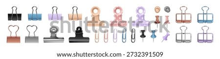 Set of realistic pins, paper clips and clamps. Different binders, thumbtacks, paperclips, pushpins and fasteners. Office stationery. Items for notes. Flat isolated vector illustrations on white