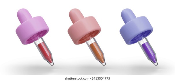 Set of realistic pipettes with liquid of different colors. Transparent glass container for liquid dosing. Tilted pipette cap. Packaging for medicines, medical, cosmetic products