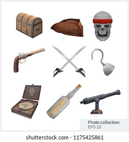 Set of realistic pirate things. Treasure chest. Pirate hat with a cross. Skull with a red bandage. Vintage pistol. Two crossed swords. Pirate iron hook. Old compass with a skull. 
