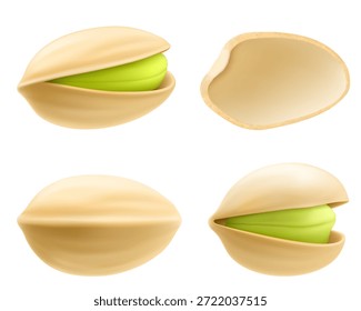 Conjunto de pistaches realistas em estilo 3d. Pistácios com casca e sem casca, isolados sobre fundo branco. Alimentos orgânicos naturais. Elemento de design para embalagem de nozes, publicidade. Ilustração vetorial.