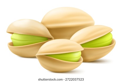 Set of realistic pistachios in 3d style. Pistachios in shell with shadow isolated on white background. Natural organic food. Design element for nuts packaging, advertising. Vector illustration.