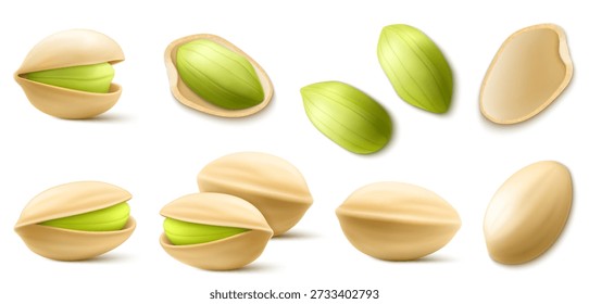 Conjunto de pistachos realistas en estilo 3d. Pistachos en cáscara y sin cáscara aislados sobre fondo blanco. Comida orgánica natural. Elemento de diseño para el envasado de nueces, publicidad. Ilustración vectorial.