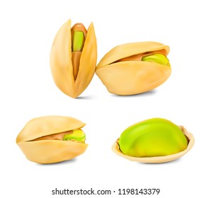 Set of realistic pistachios isolated on white background. Vector illustration. Ready for your design. EPS10.