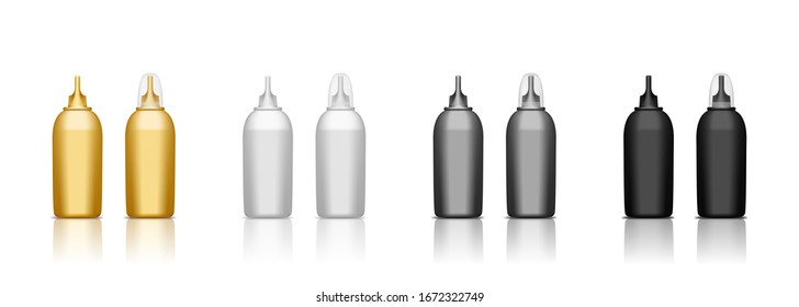 Set of realistic realistic plastic or aluminum nasal spray bottle for respiratory disease treatment. Isolated vector illustration. Packaging medicine blank mockup template.