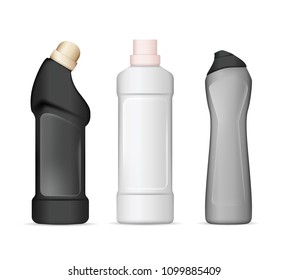 Set of realistic plastic bottles in different colors for liquid laundry detergent, bleach, fabric softener, dishwashing liquid or another cleaning agent. Vector illustration