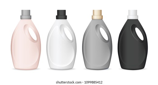 Set of realistic plastic bottles in different colors for liquid laundry detergent, bleach, fabric softener, soap or cream. Easy to place your text and brand logo. Vector illustration