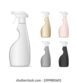 Set of realistic plastic bottles in different colors with Spray Pistol for liquid detergent for washing windows, glass and kitchen surfaces or another cleaning agent. Vector illustration