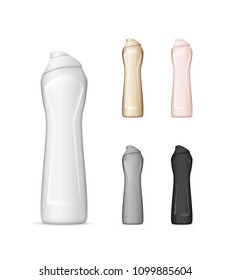 Set of realistic plastic bottles in different colors for liquid laundry detergent, bleach, fabric softener, dishwashing liquid or another cleaning agent. Vector illustration