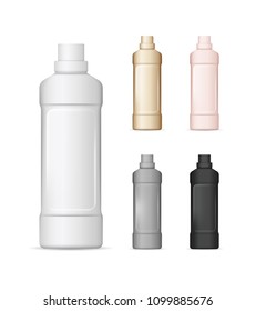 Set of realistic plastic bottles in different colors for liquid laundry detergent, bleach, fabric softener, dishwashing liquid or another cleaning agent. Vector illustration