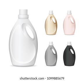 Set of realistic plastic bottles in different colors for liquid laundry detergent, bleach, fabric softener, soap or cream. Easy to place your text and brand logo. Vector illustration