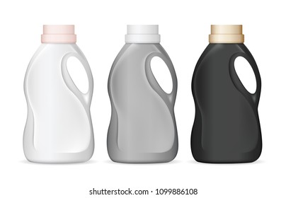 Set of realistic plastic bottles in different colors for liquid laundry detergent, bleach, fabric softener, dishwashing liquid or another cleaning agent. Vector illustration