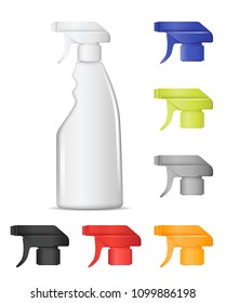 Set of realistic plastic bottles with Spray Pistol in different colors for liquid detergent for washing windows, glass and kitchen surfaces or another cleaning agent. Vector illustration