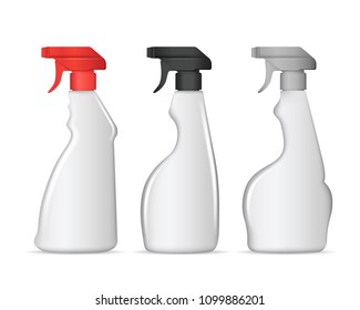 Set of realistic plastic bottles with Spray Pistol in different colors for liquid detergent for washing windows, glass and kitchen surfaces or another cleaning agent. Vector illustration