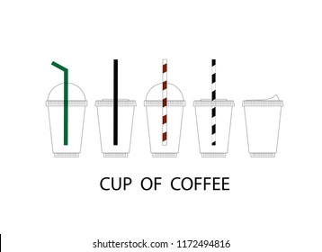 Set of realistic plastic coffee cup for drink with drinking straws and strawless.  Mock up template for cafe, food delivery tuck, restaurant identity , vector illustration.