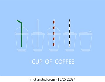 Set of realistic plastic coffee cup for drink with drinking straws and strawless.  Mock up template for cafe, food delivery tuck, restaurant identity , vector illustration.