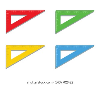 Set of realistic plastic colorful triangle rulers marked in inch and centimeters icon. School supplies. Drafting math measure tool. Office supply
