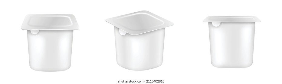 Set Of Realistic Plastic Container Blank Pots With Foil Lids, Template Jars Mockup With Yogurt, Milk Dessert Or Sour Cream. White Cups For Dairy Products. 3d Vector Illustration