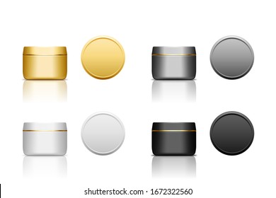 Set von realistischen Plastikverpackungen für Creme, Peeling, Gel oder Pulver. Vektorillustration einzeln. Runde glänzende Flasche mit goldenem Streifen auf dem Deckel. Vorder- und Draufsicht der Verpackungsvorlage.